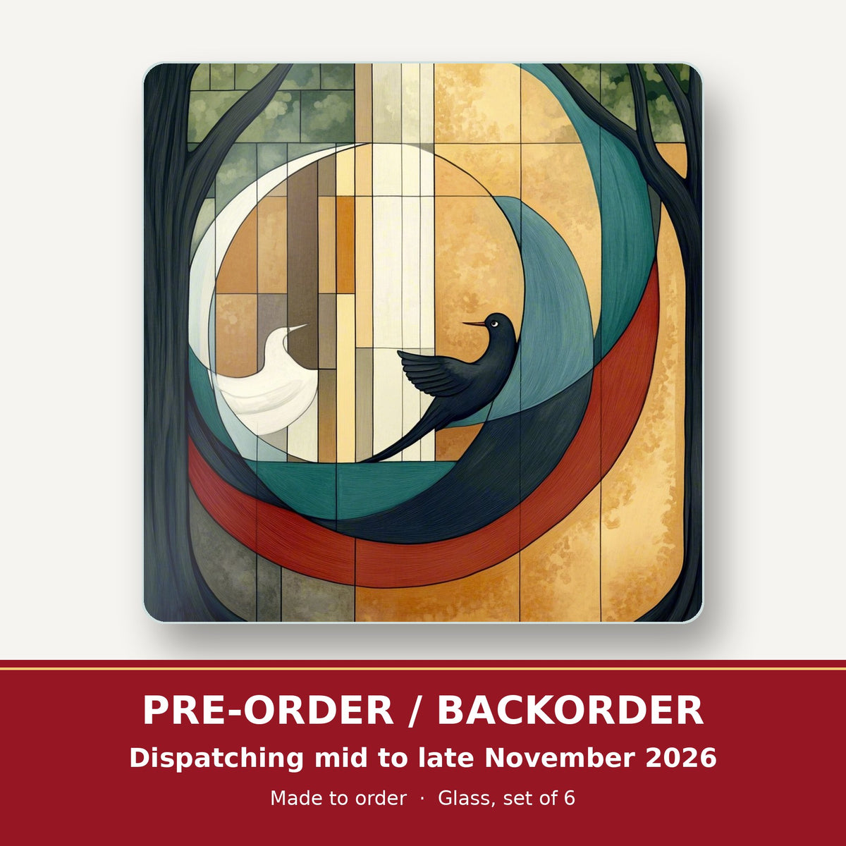 Geometric Moon & Birds square glass coaster set of 6 – pre-order / backorder, dispatching mid to late November 2026