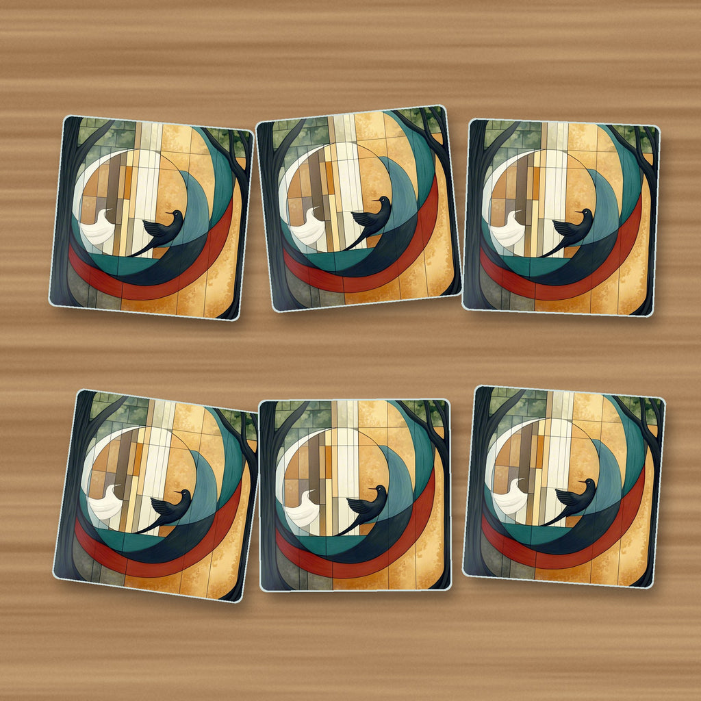 Geometric Moon & Birds square glass coasters, set of 6, on an oak coffee table