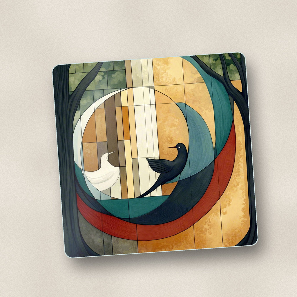 Close-up of one geometric moon & birds square glass coaster, flat UV print