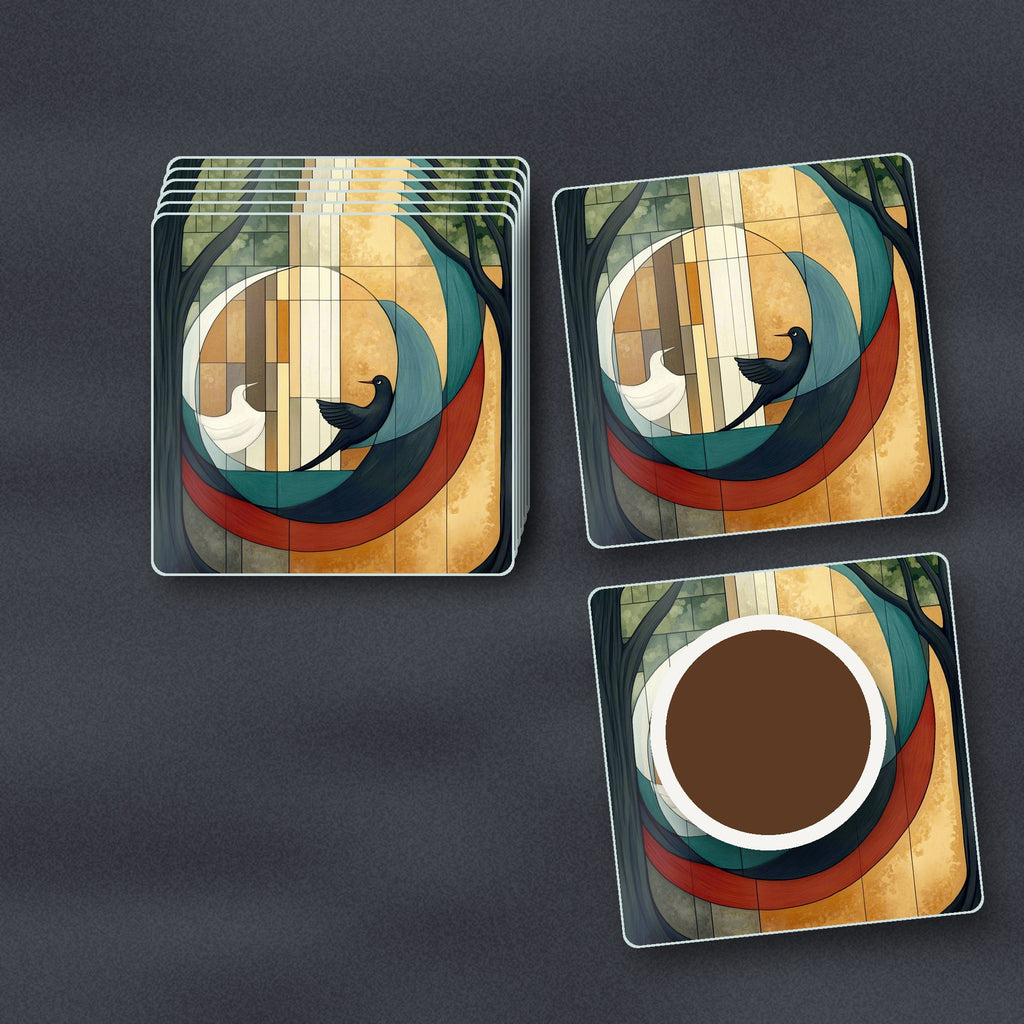 Geometric Moon & Birds square glass coasters stacked on a slate kitchen worktop