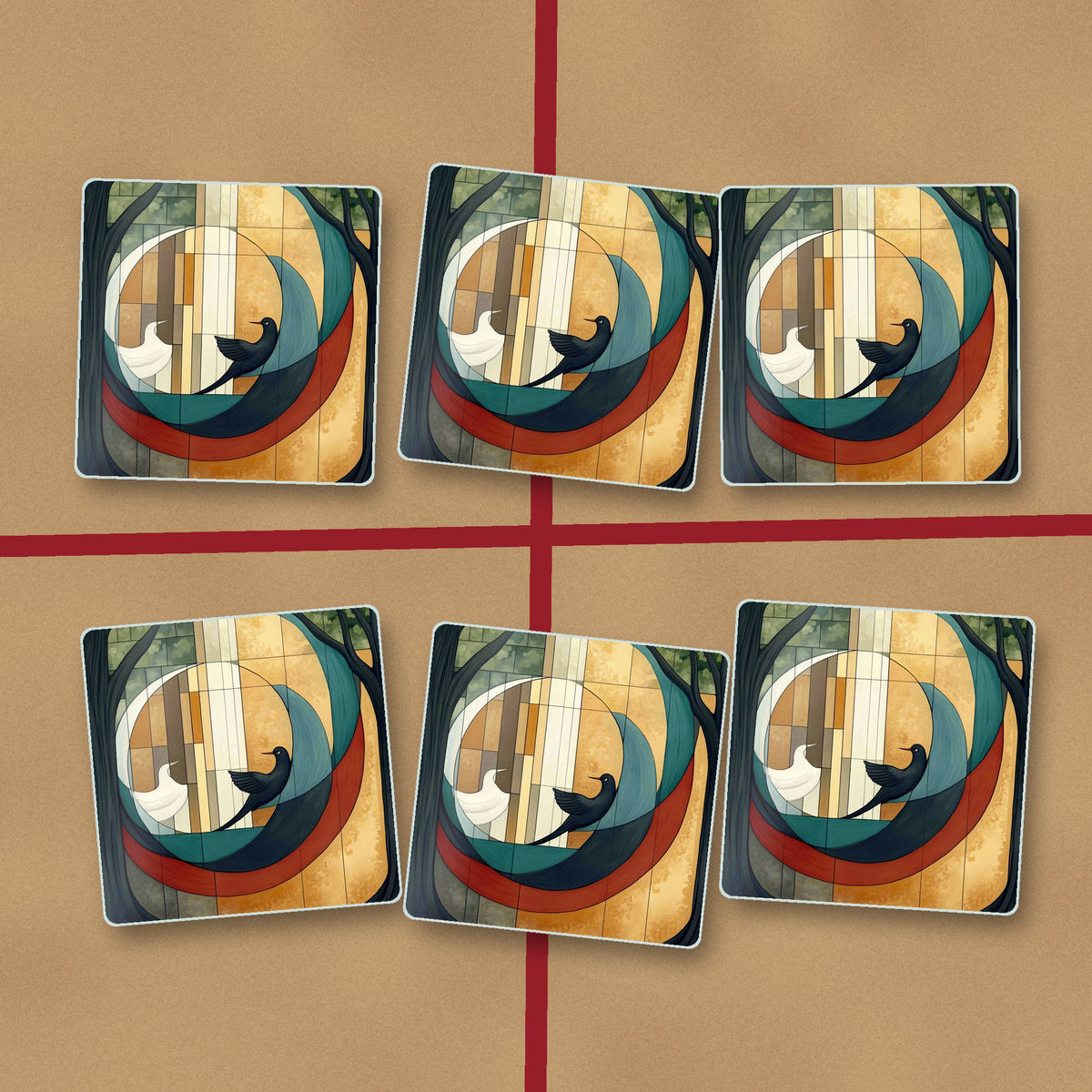 Geometric Moon & Birds square glass coasters on kraft gift wrap