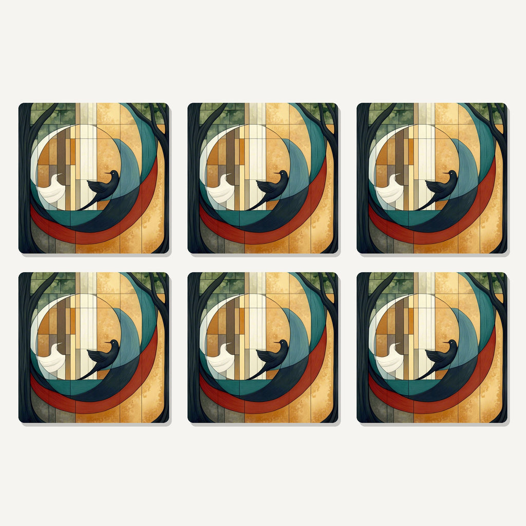 Flat lay of the geometric moon & birds artwork on six square coasters