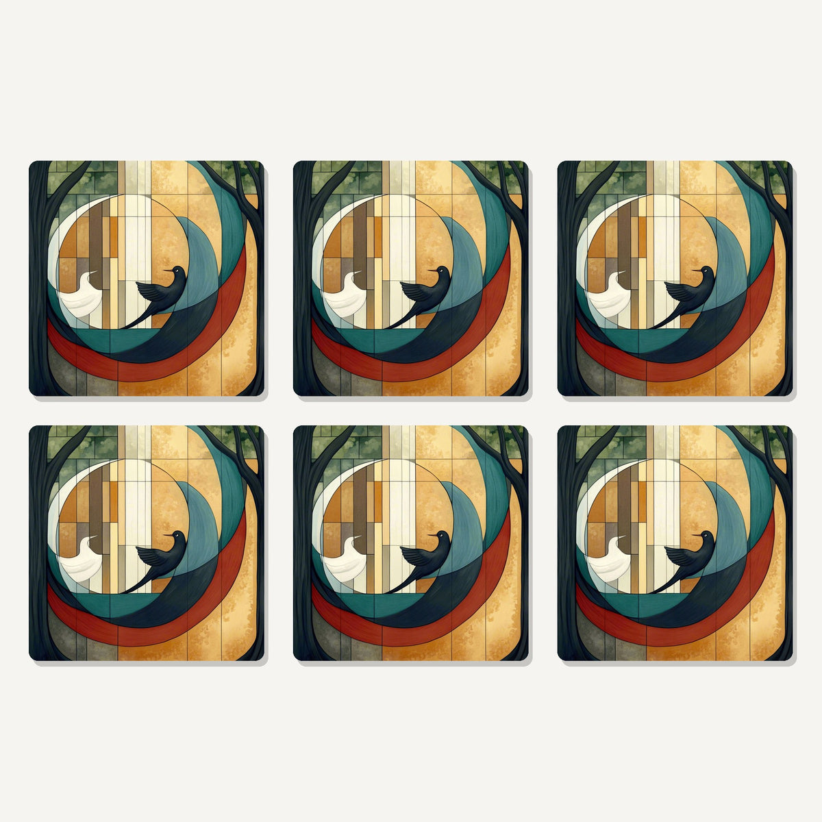 Flat lay of the geometric moon & birds artwork on six square coasters