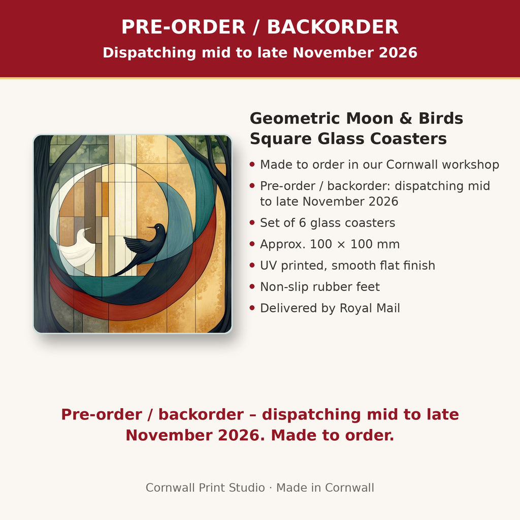 Info card: Geometric Moon & Birds Square Glass Coasters – Set of 6, made to order, dispatching mid to late November 2026, delivered by Royal Mail