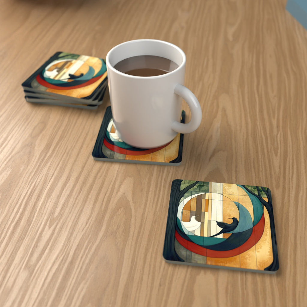 Geometric Moon & Birds Square Glass Coasters – Set of 6 – lifestyle mockup with a mug of coffee