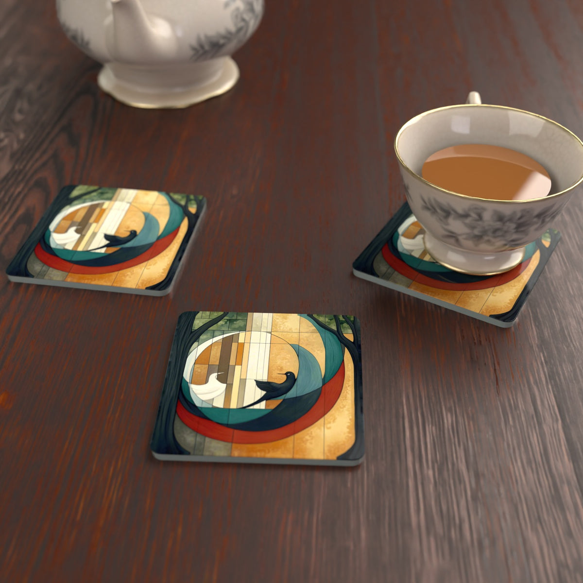 Geometric Moon & Birds Square Glass Coasters – Set of 6 – lifestyle mockup with a teacup