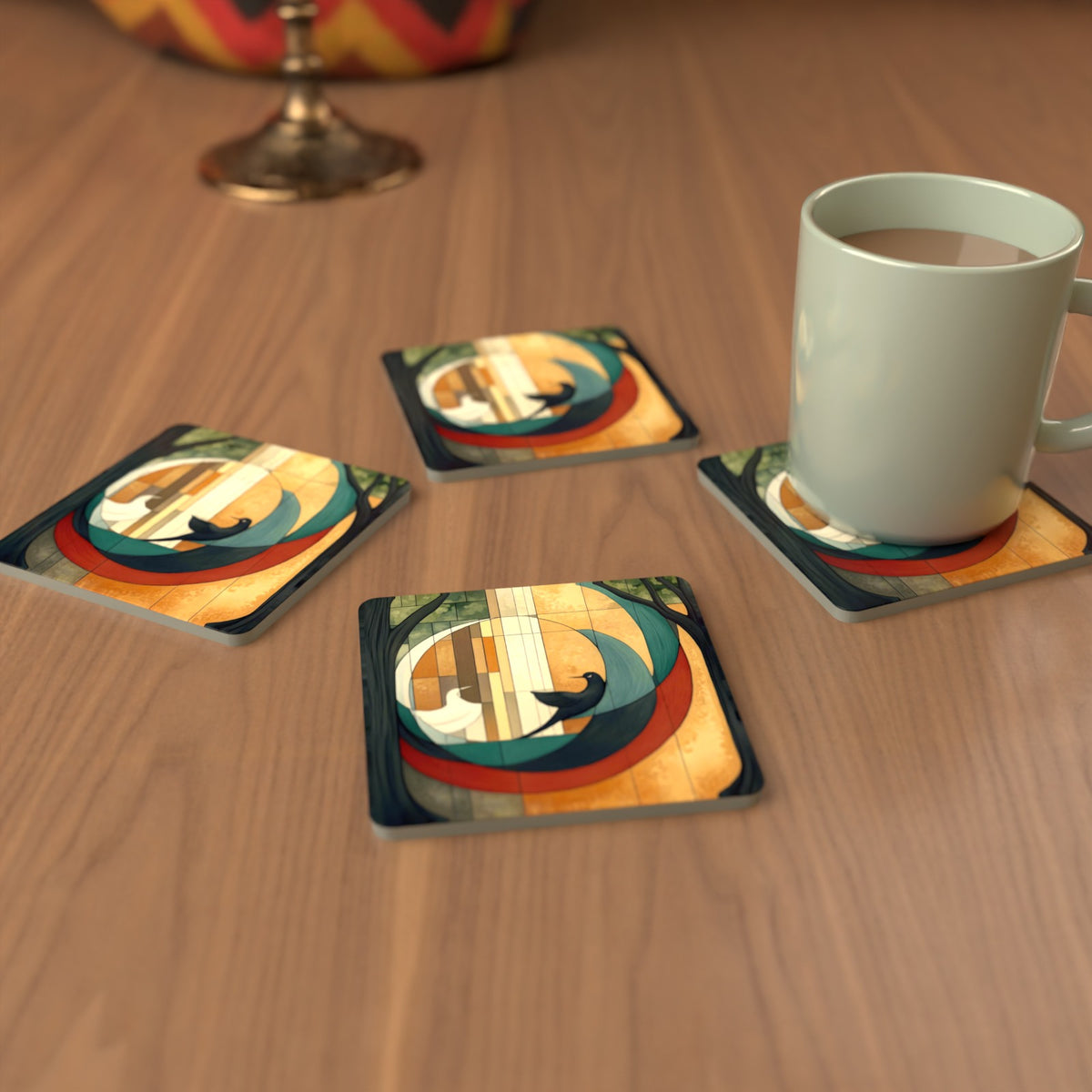 Geometric Moon & Birds Square Glass Coasters – Set of 6 – cosy lifestyle mockup