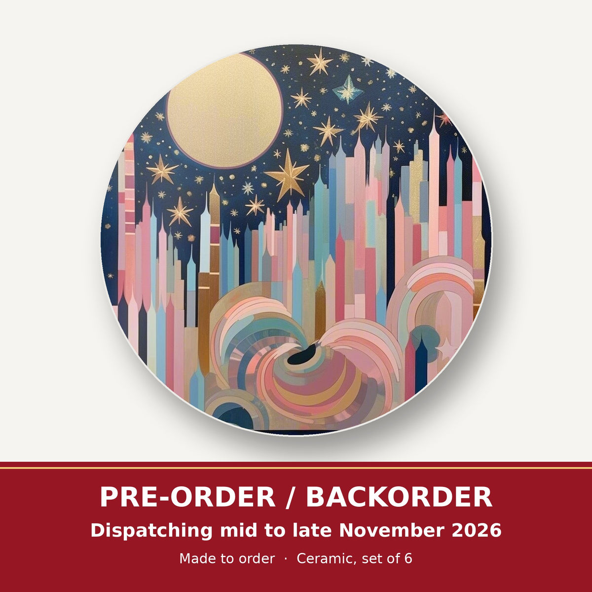 Starry Pastel Spires round ceramic coaster set of 6 – pre-order / backorder, dispatching mid to late November 2026
