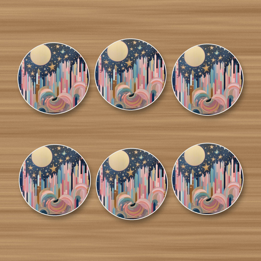 Starry Pastel Spires round ceramic coasters, set of 6, on an oak coffee table