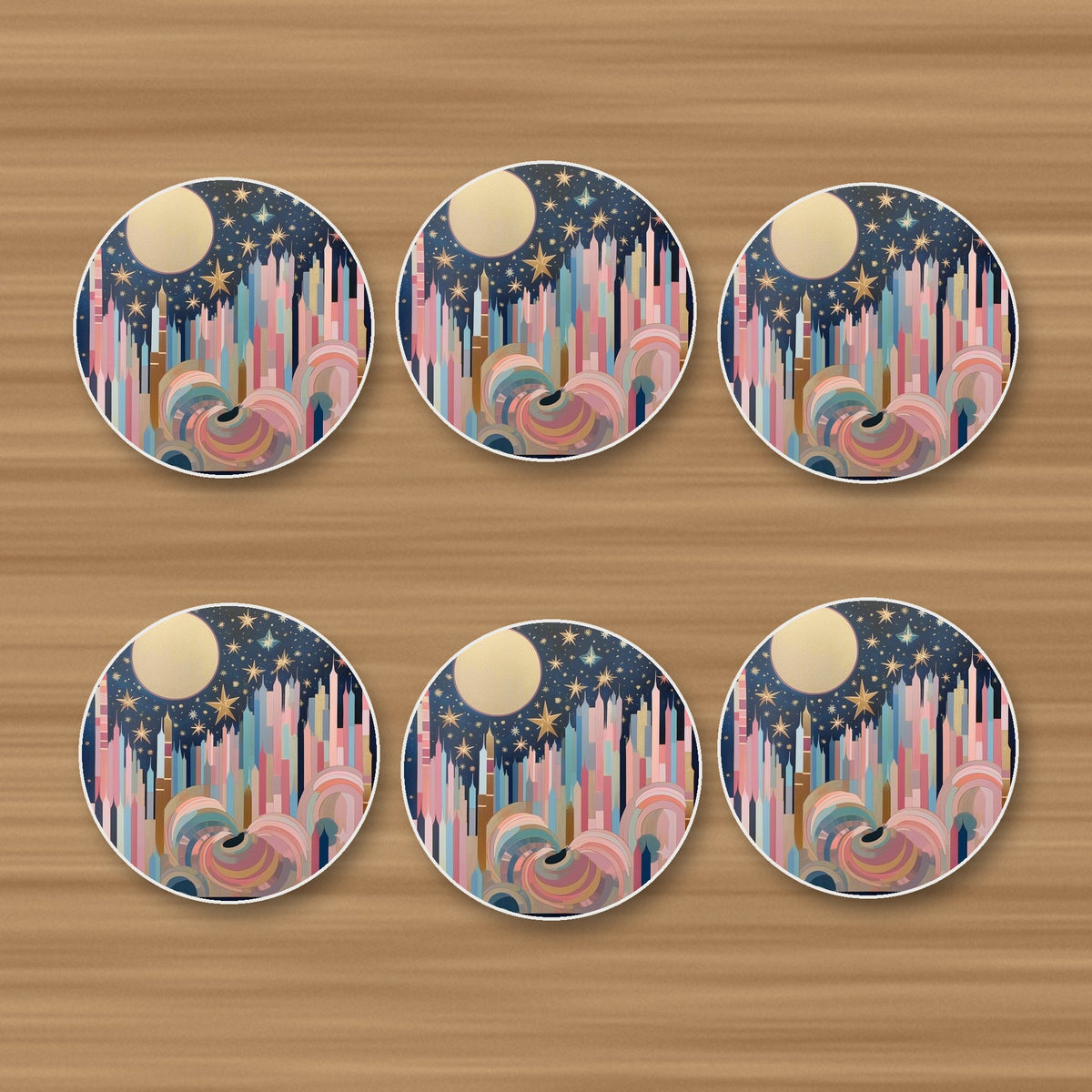 Starry Pastel Spires round ceramic coasters, set of 6, on an oak coffee table