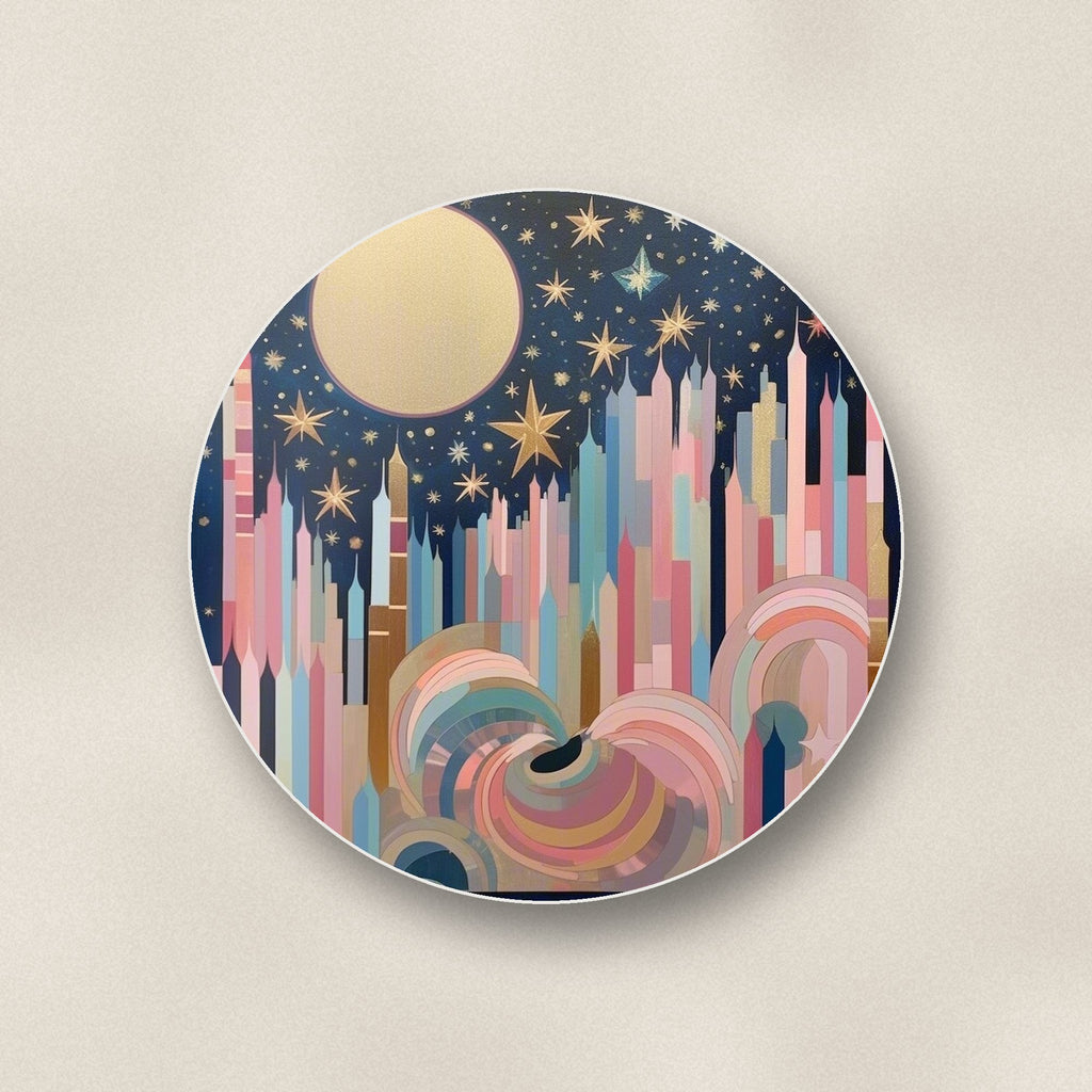 Close-up of one starry pastel spires round ceramic coaster, flat UV print