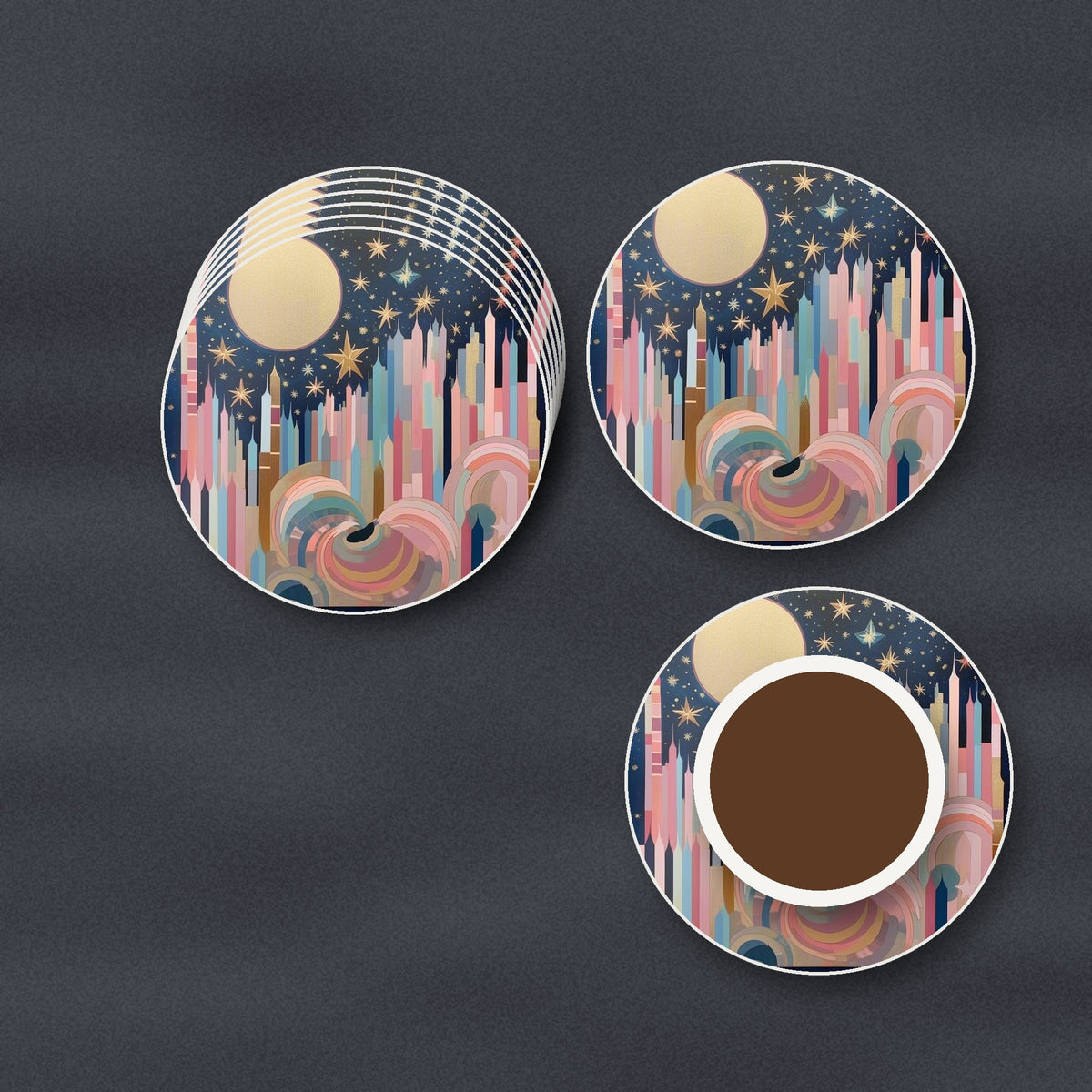 Starry Pastel Spires round ceramic coasters stacked on a slate kitchen worktop