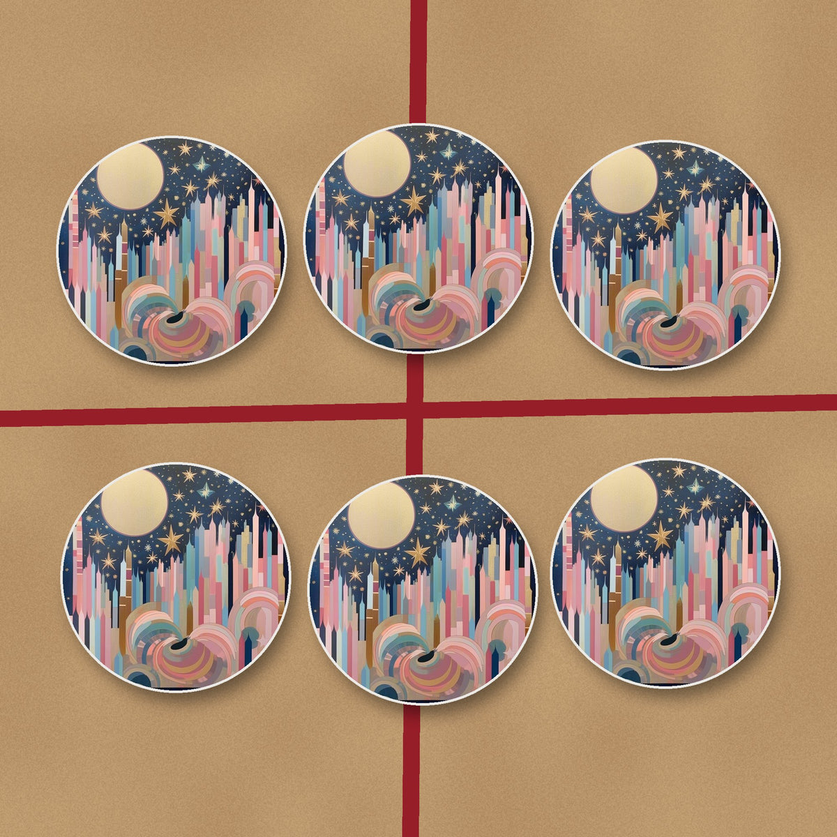 Starry Pastel Spires round ceramic coasters on kraft gift wrap