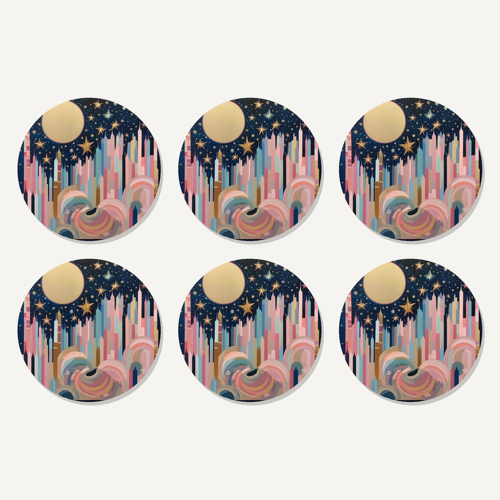 Flat lay of the starry pastel spires artwork on six round coasters
