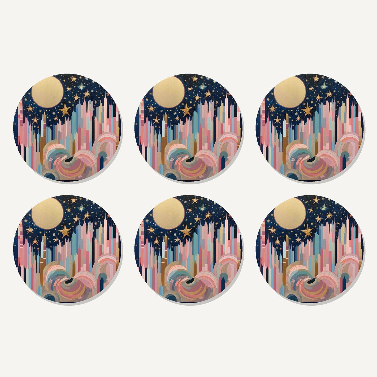 Flat lay of the starry pastel spires artwork on six round coasters