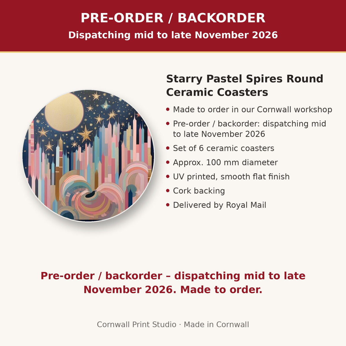 Info card: Starry Pastel Spires Round Ceramic Coasters – Set of 6, made to order, dispatching mid to late November 2026, delivered by Royal Mail