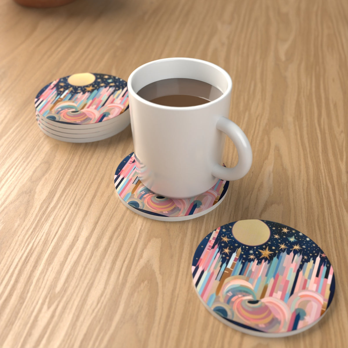 Starry Pastel Spires Round Ceramic Coasters – Set of 6 – lifestyle mockup with a mug of coffee