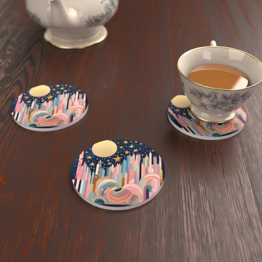 Starry Pastel Spires Round Ceramic Coasters – Set of 6 – lifestyle mockup with a teacup