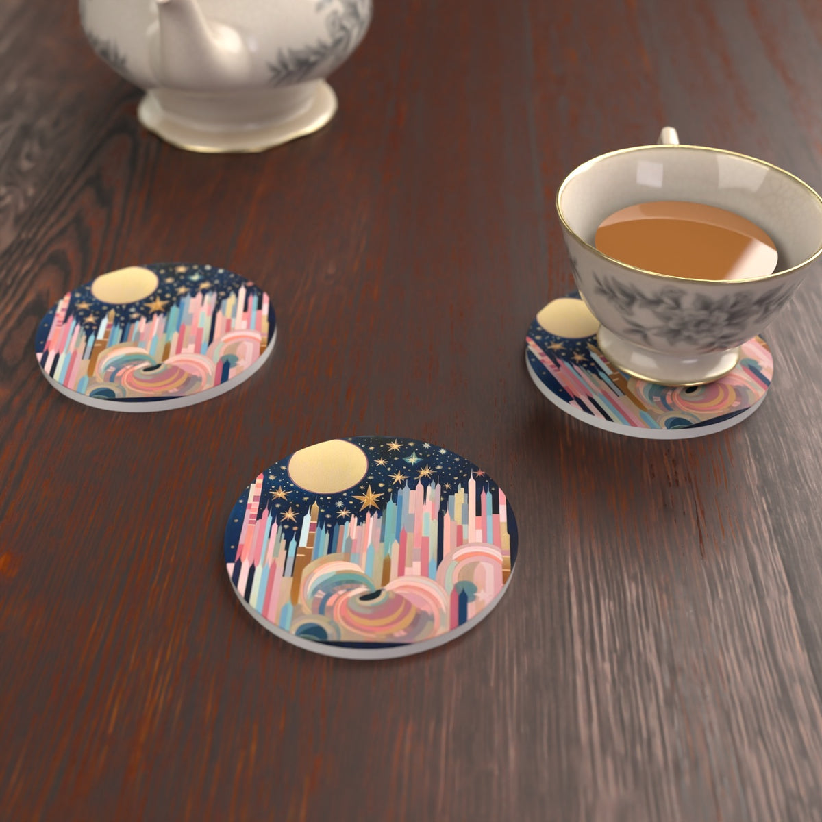 Starry Pastel Spires Round Ceramic Coasters – Set of 6 – lifestyle mockup with a teacup