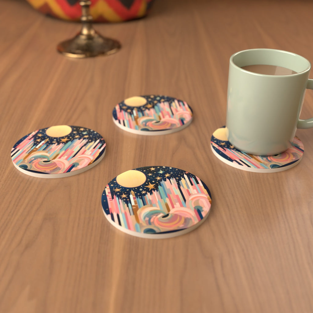 Starry Pastel Spires Round Ceramic Coasters – Set of 6 – cosy lifestyle mockup