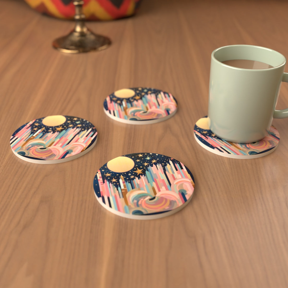 Starry Pastel Spires Round Ceramic Coasters – Set of 6 – cosy lifestyle mockup