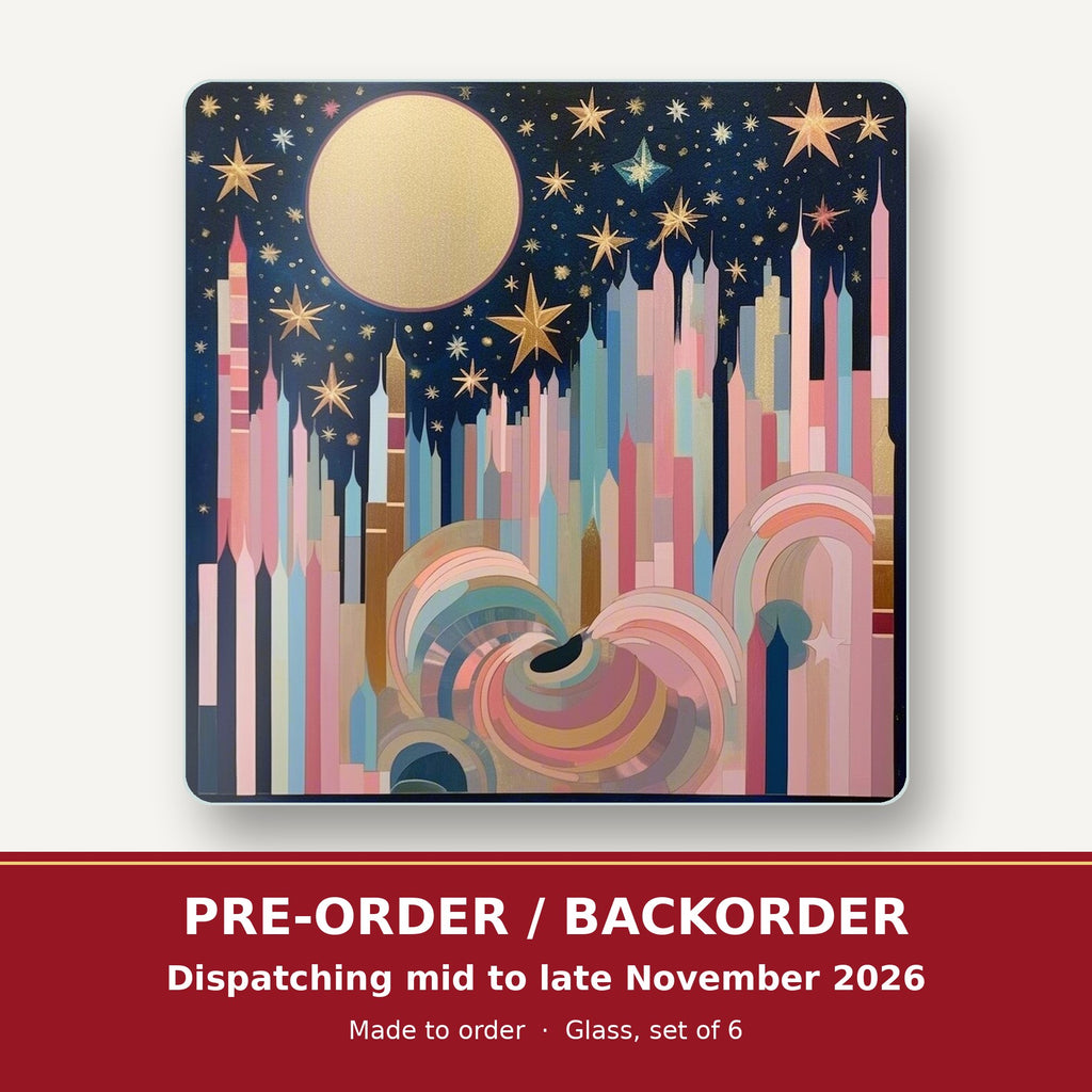 Starry Pastel Spires square glass coaster set of 6 – pre-order / backorder, dispatching mid to late November 2026