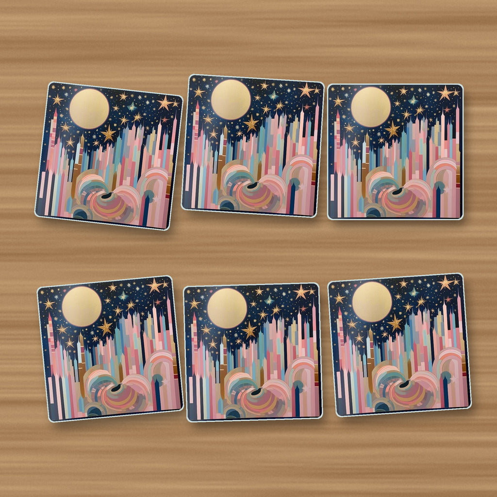 Starry Pastel Spires square glass coasters, set of 6, on an oak coffee table