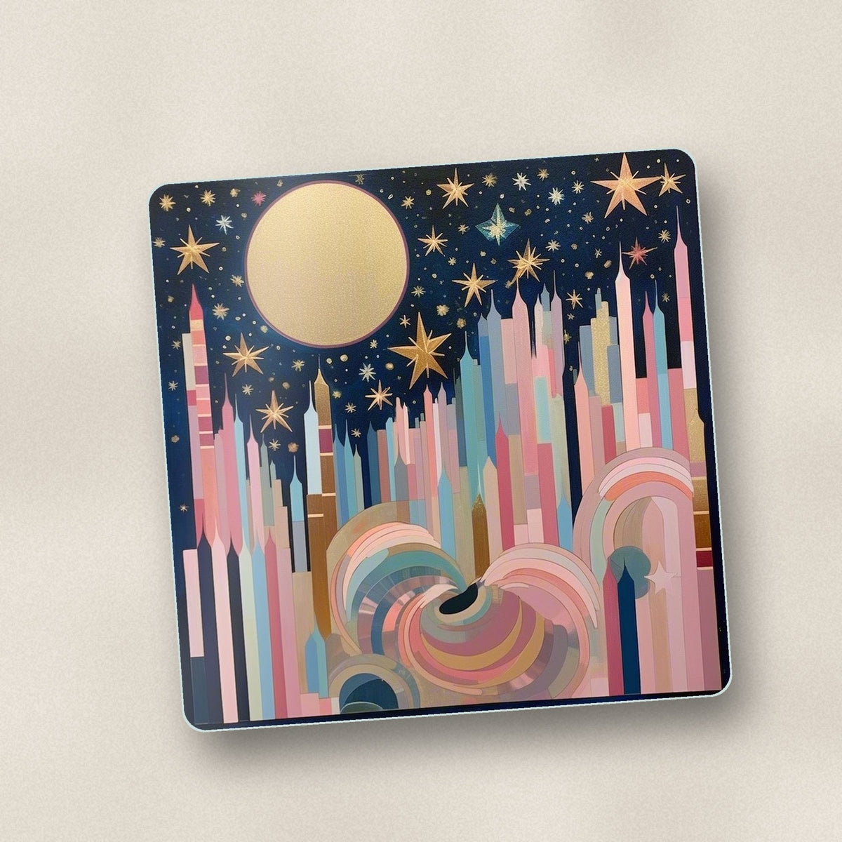 Close-up of one starry pastel spires square glass coaster, flat UV print