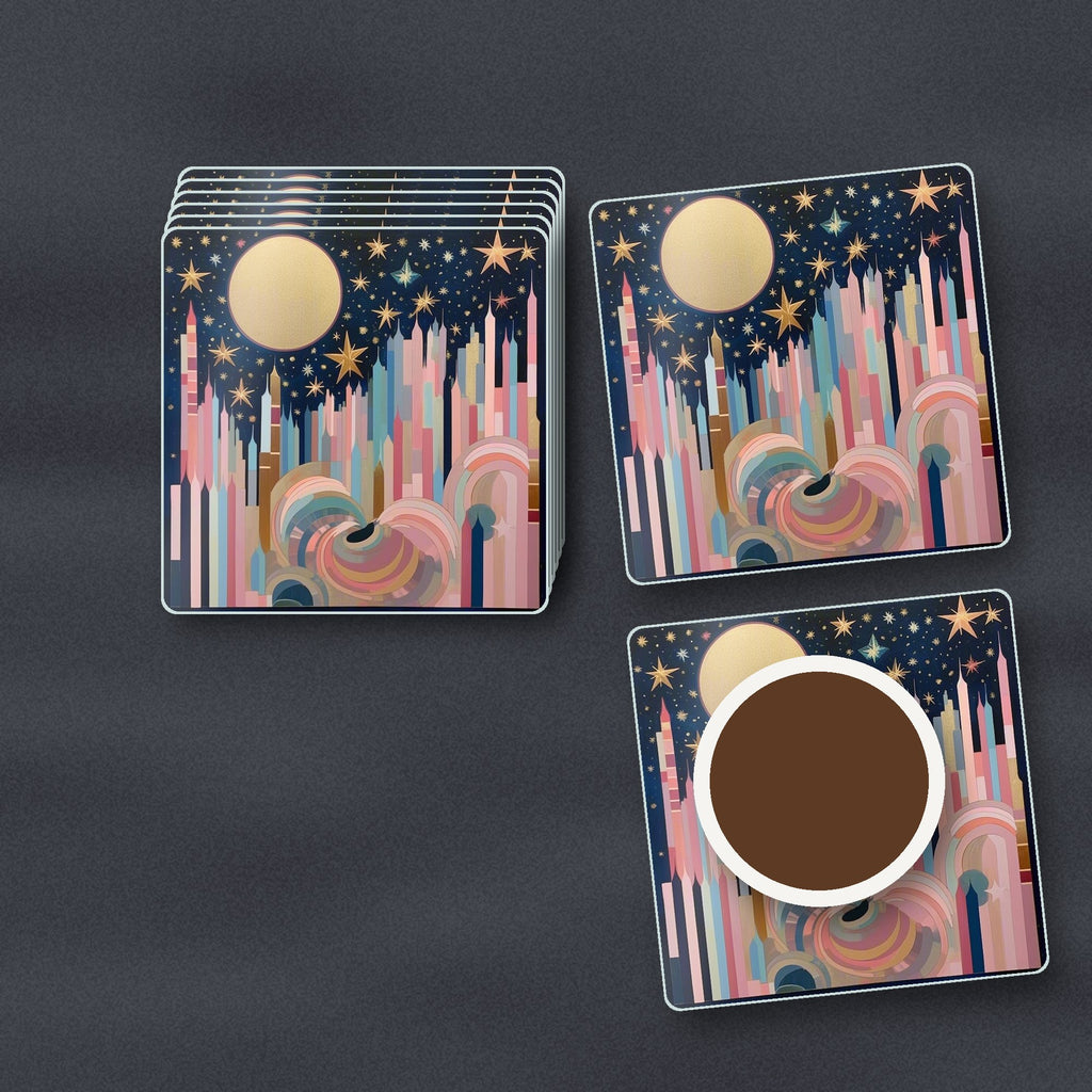 Starry Pastel Spires square glass coasters stacked on a slate kitchen worktop