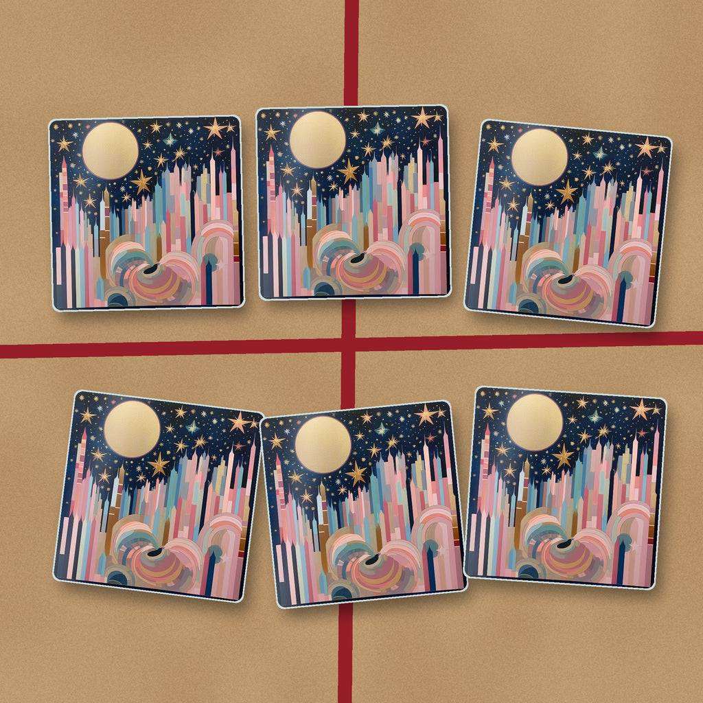 Starry Pastel Spires square glass coasters on kraft gift wrap