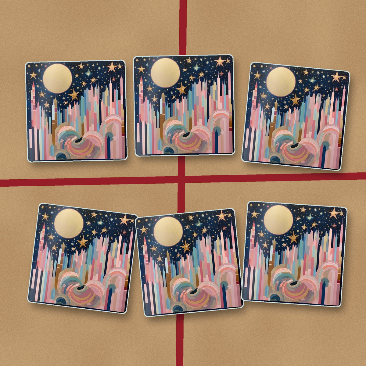 Starry Pastel Spires square glass coasters on kraft gift wrap