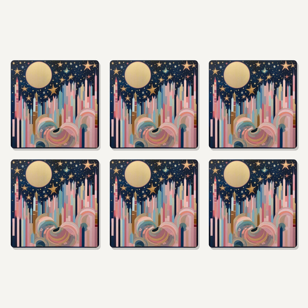 Flat lay of the starry pastel spires artwork on six square coasters