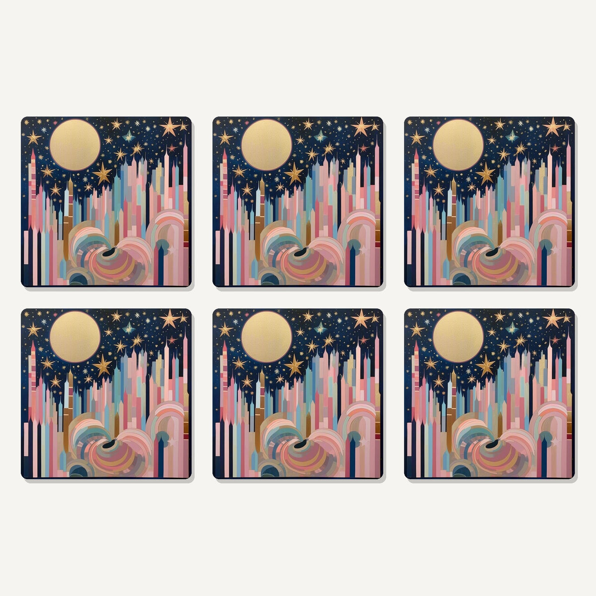 Flat lay of the starry pastel spires artwork on six square coasters