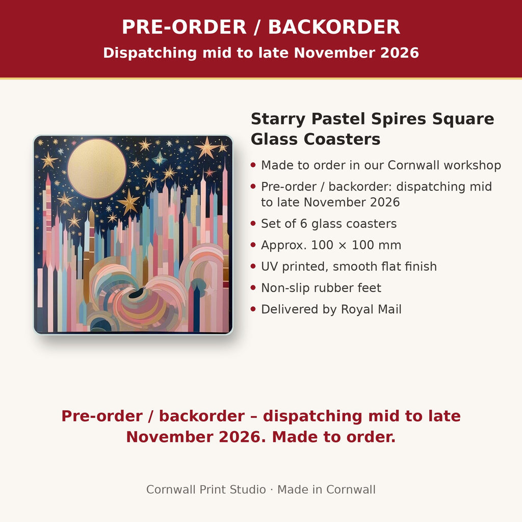 Info card: Starry Pastel Spires Square Glass Coasters – Set of 6, made to order, dispatching mid to late November 2026, delivered by Royal Mail
