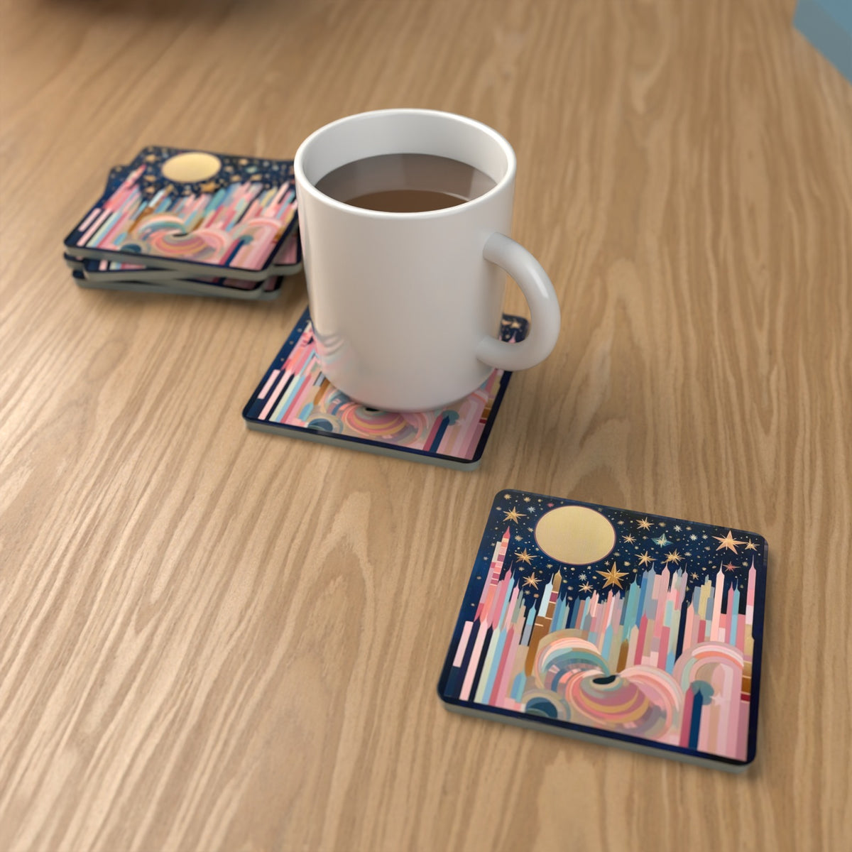 Starry Pastel Spires Square Glass Coasters – Set of 6 – lifestyle mockup with a mug of coffee