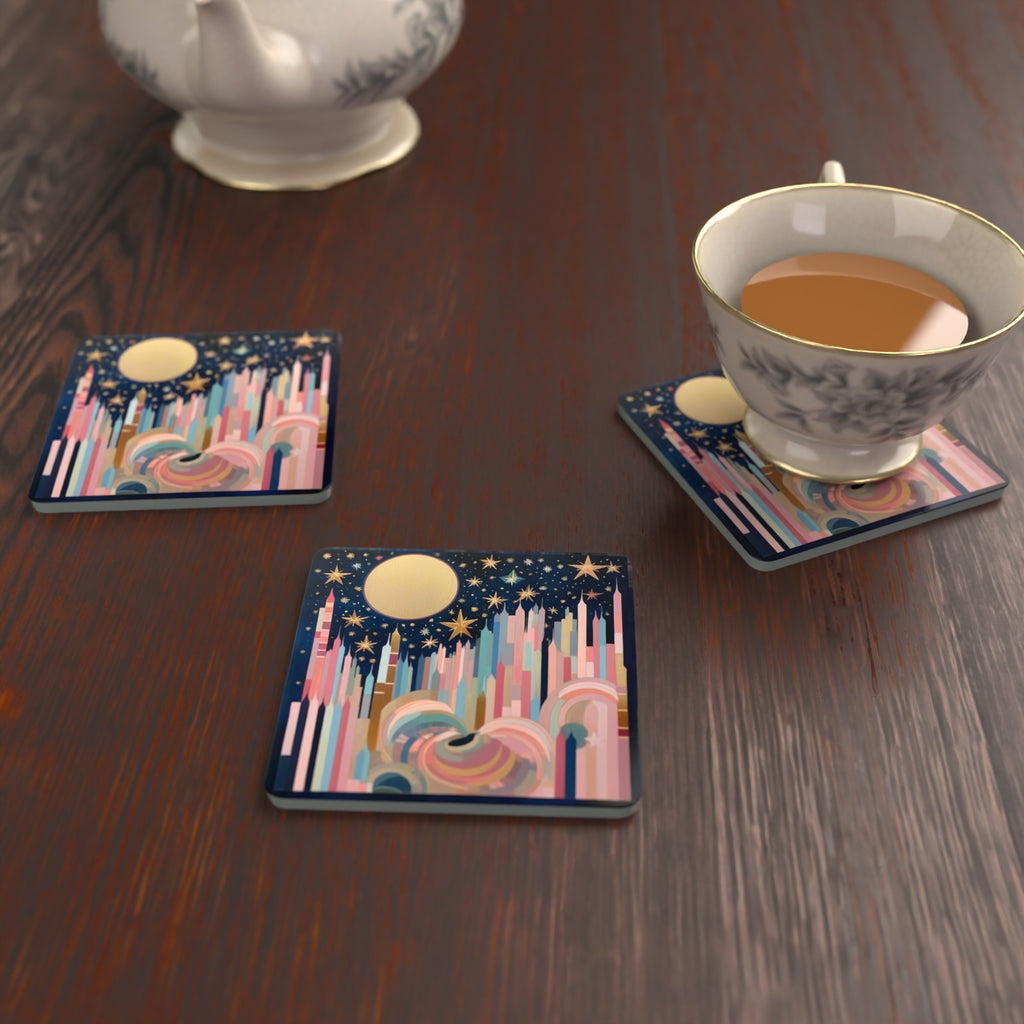 Starry Pastel Spires Square Glass Coasters – Set of 6 – lifestyle mockup with a teacup