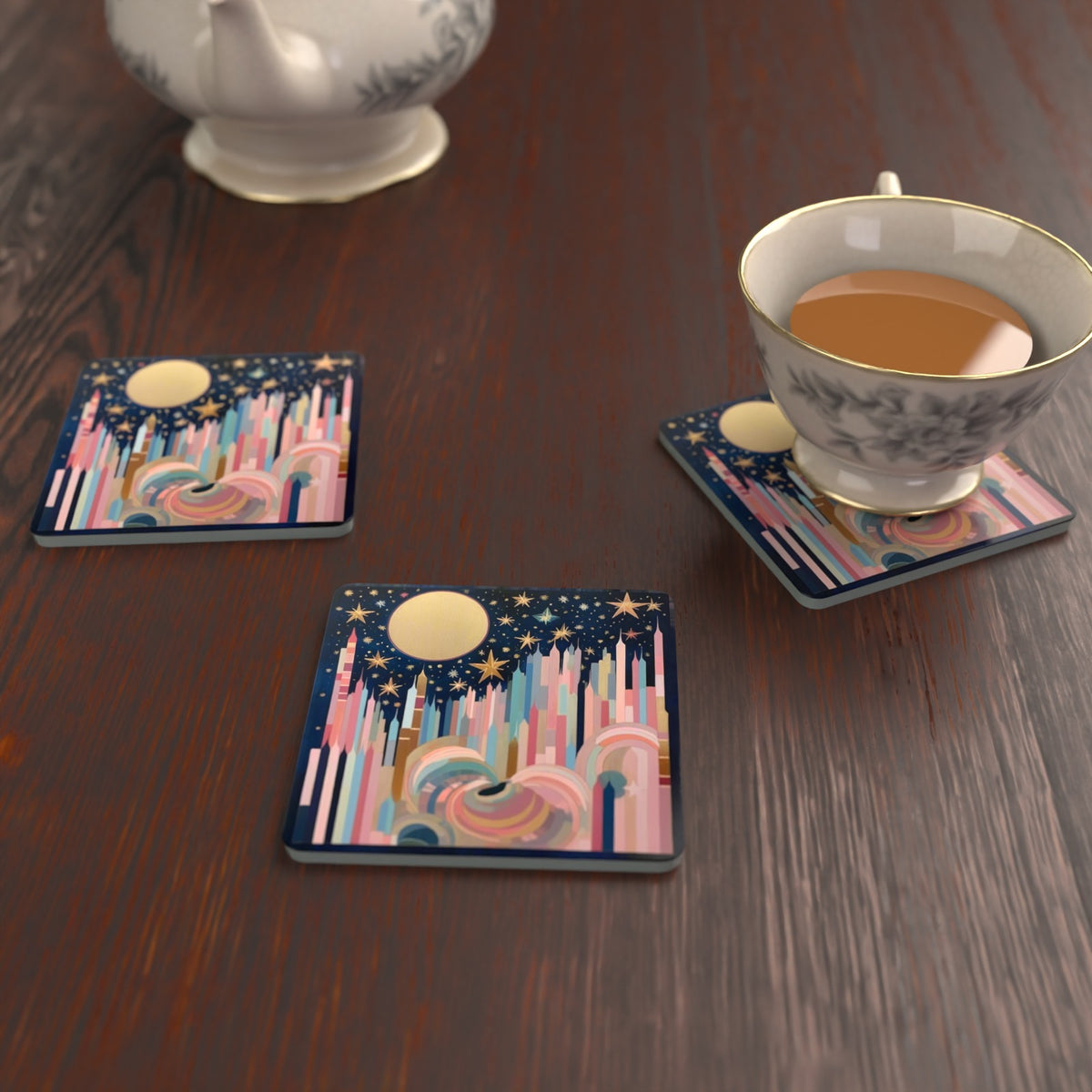 Starry Pastel Spires Square Glass Coasters – Set of 6 – lifestyle mockup with a teacup