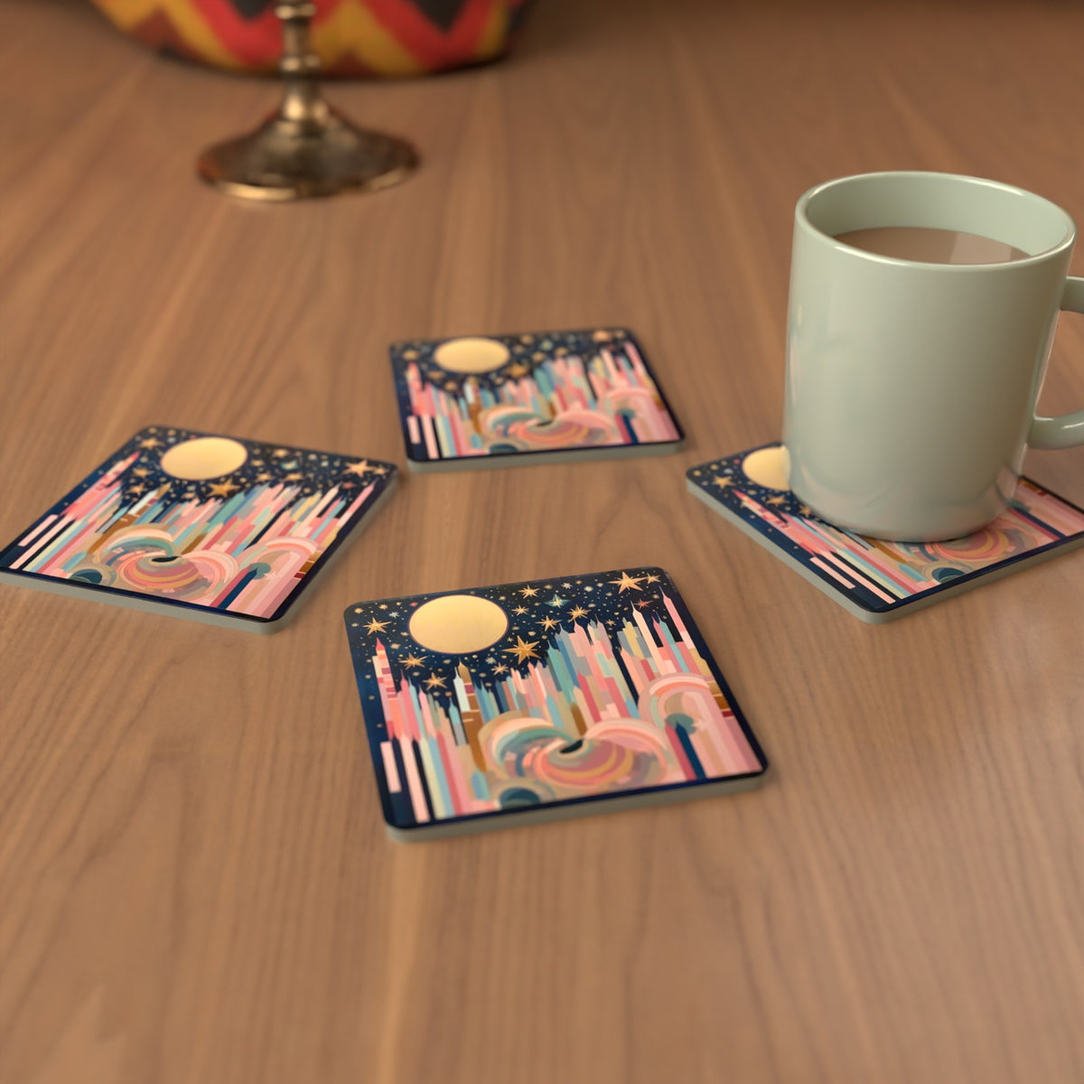 Starry Pastel Spires Square Glass Coasters – Set of 6 – cosy lifestyle mockup