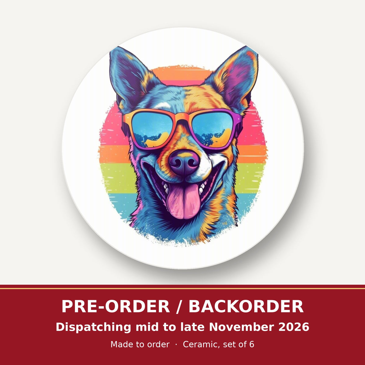 Cool Dog in Sunglasses round ceramic coaster set of 6 – pre-order / backorder, dispatching mid to late November 2026