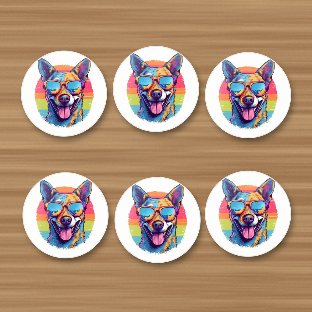 Cool Dog in Sunglasses round ceramic coasters, set of 6, on an oak coffee table