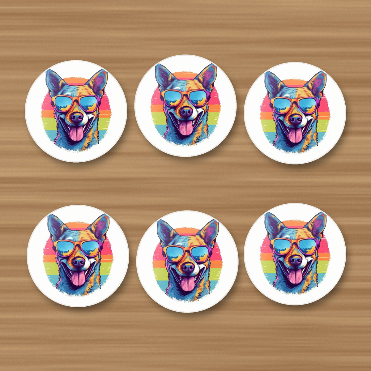 Cool Dog in Sunglasses round ceramic coasters, set of 6, on an oak coffee table