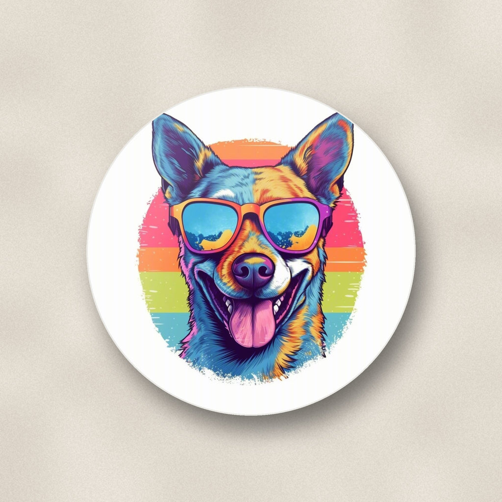 Close-up of one cool dog in sunglasses round ceramic coaster, flat UV print