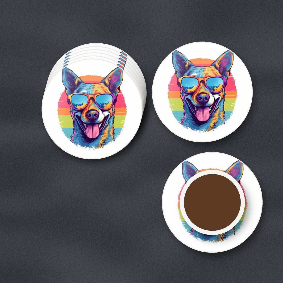 Cool Dog in Sunglasses round ceramic coasters stacked on a slate kitchen worktop