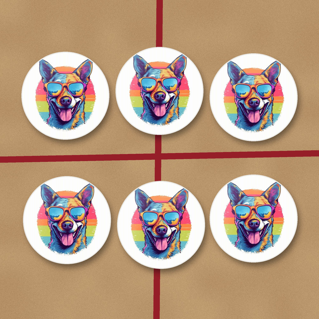 Cool Dog in Sunglasses round ceramic coasters on kraft gift wrap