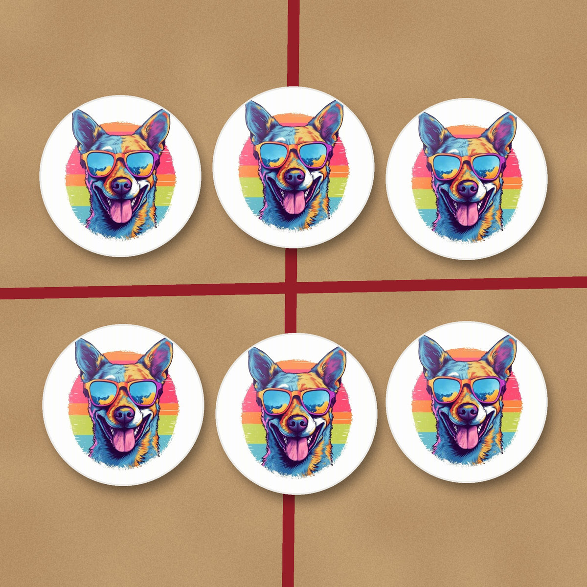 Cool Dog in Sunglasses round ceramic coasters on kraft gift wrap