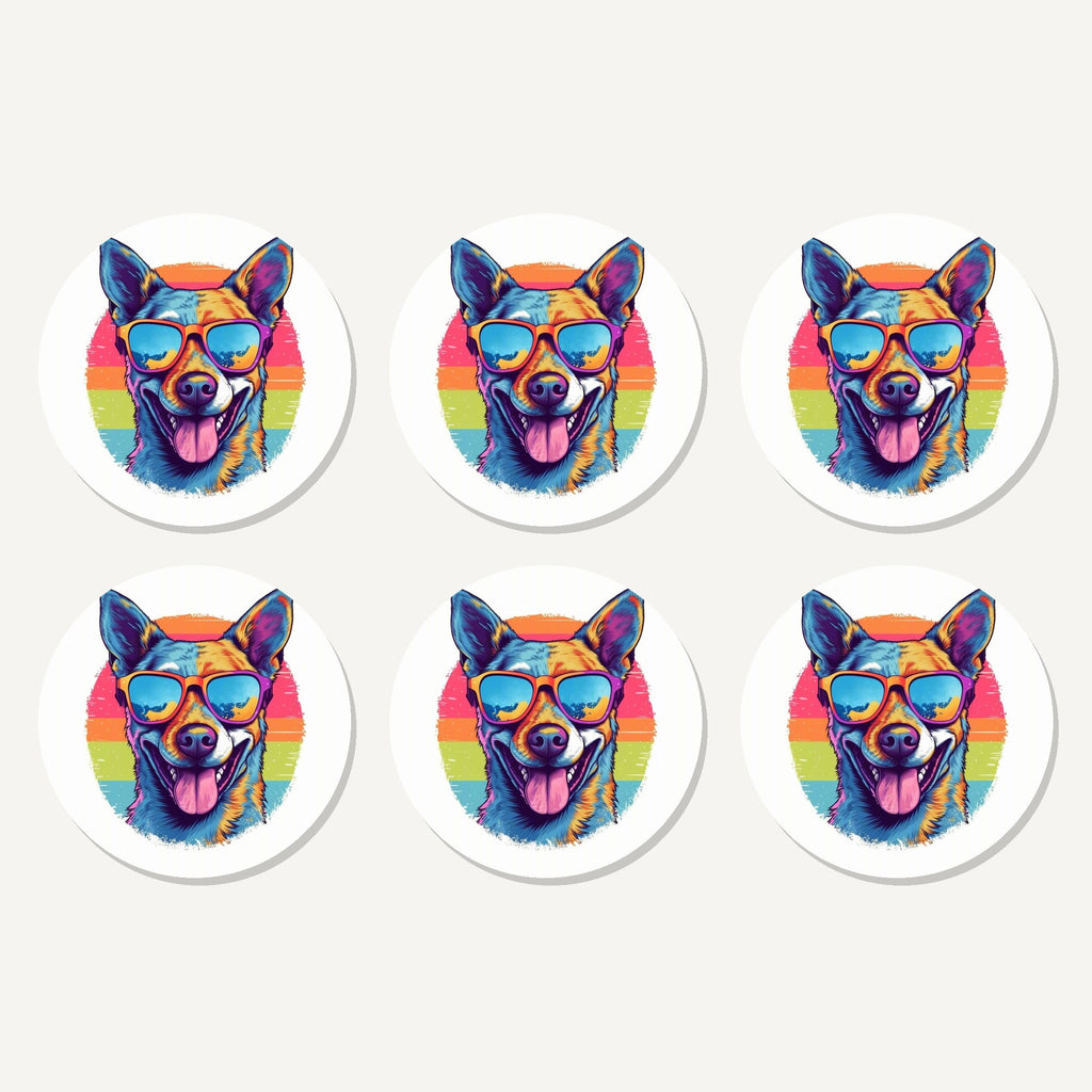 Flat lay of the cool dog in sunglasses artwork on six round coasters