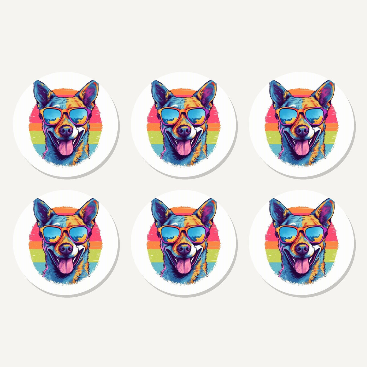 Flat lay of the cool dog in sunglasses artwork on six round coasters