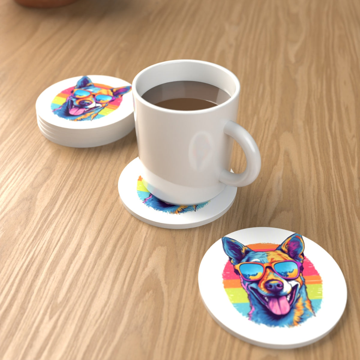 Cool Dog in Sunglasses Round Ceramic Coasters – Set of 6 – lifestyle mockup with a mug of coffee