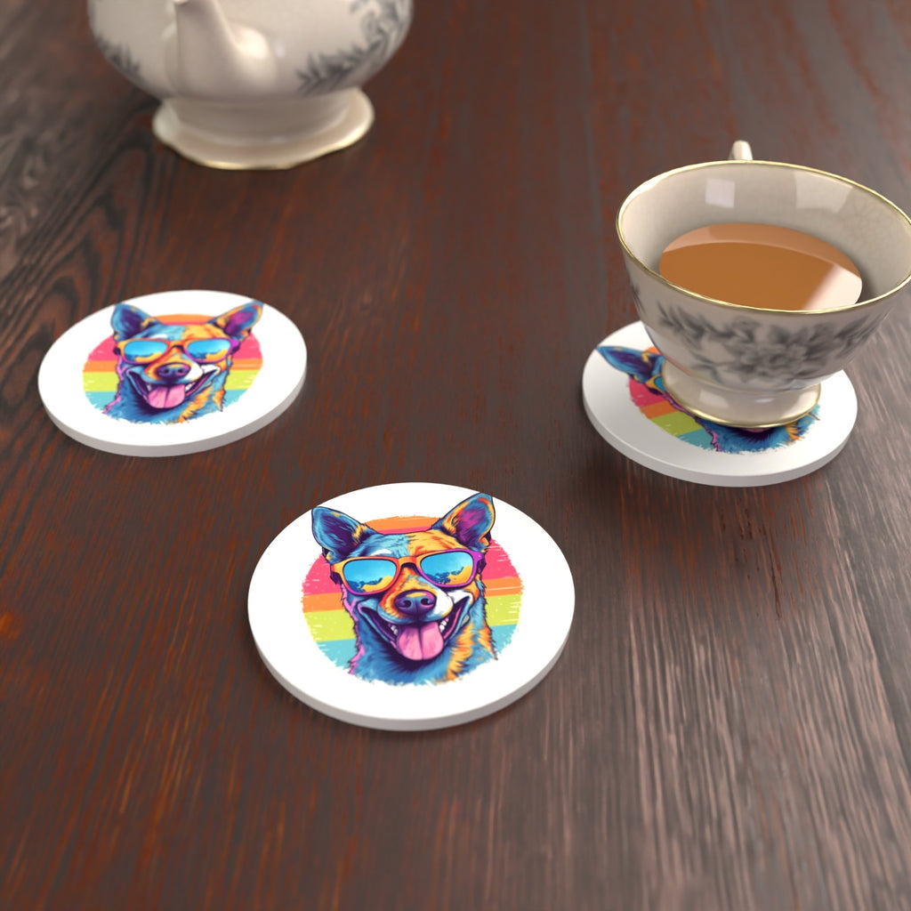 Cool Dog in Sunglasses Round Ceramic Coasters – Set of 6 – lifestyle mockup with a teacup