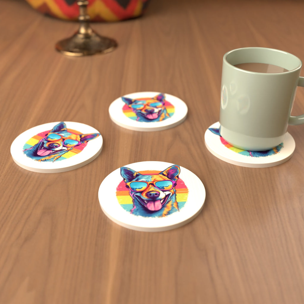 Cool Dog in Sunglasses Round Ceramic Coasters – Set of 6 – cosy lifestyle mockup